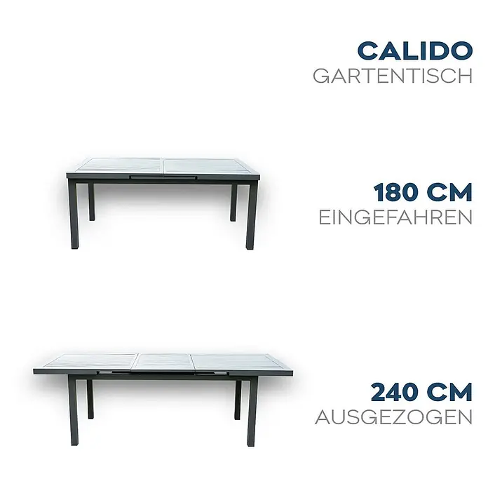 Home Deluxe Gartentisch-Set CALIDO Gartentisch - Gesamtumfang: 1 -tlg., Ausziehbar - Ausziehbarer dunkelgrauer Gartentisch, gezeigt in 180 cm eingefahrener und 240 cm ausgezogener Länge.