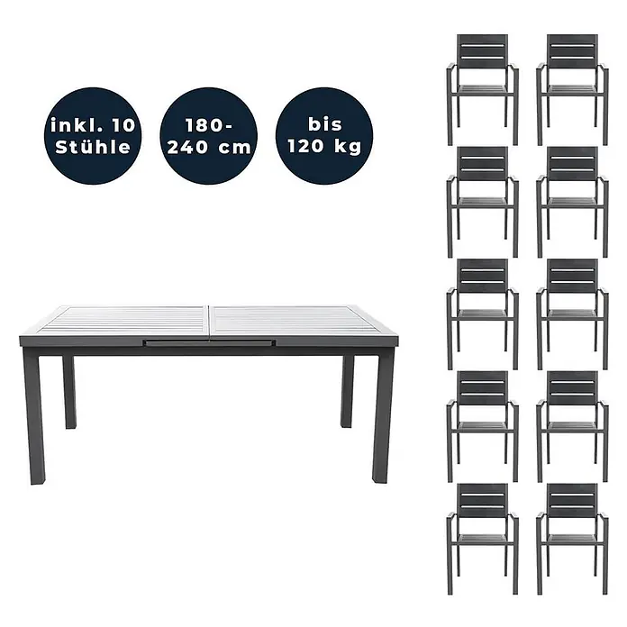 Home Deluxe Gartentisch-Set CALIDO MADERA - Tisch inkl. 10 Stühlen - Gesamtumfang: 11 -tlg., Ausziehbar - Dunkelgrauer ausziehbarer Gartentisch (180-240cm) mit 10 passenden Stühlen, jeweils bis zu 120kg.