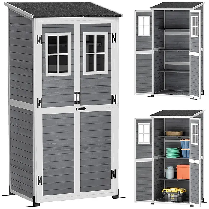 Outsunny Geräteschrank - Außenbreite inkl. Dachüberstand: 91 cm, Außentiefe inkl. Dachüberstand: 69 cm, Holz, Hellgrau - Grauer Holz-Gartenschrank mit weißer Verkleidung und schwarzem Dach, mit zwei Fenstern, Doppeltüren und Innenregalen.