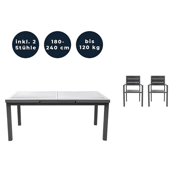 Home Deluxe Gartentisch-Set CALIDO MADERA - Tisch inkl. 2 Stühlen - Gesamtumfang: 3 -tlg., Ausziehbar - Ausziehbarer dunkelgrauer Gartentisch (180-240cm) mit zwei passenden Stühlen (bis 120kg).