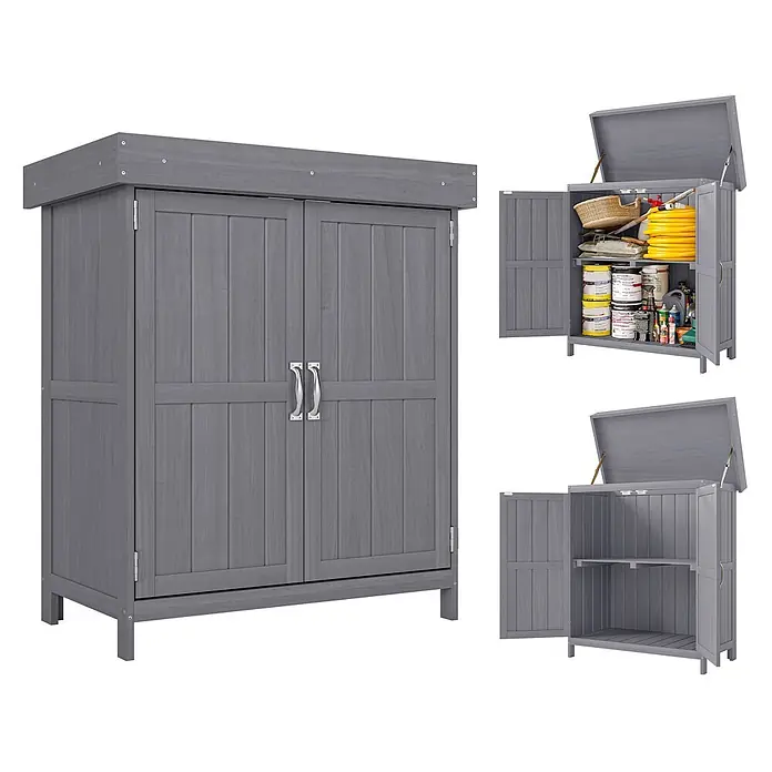 Outsunny Geräteschrank - Außenbreite inkl. Dachüberstand: 74 cm, Außentiefe inkl. Dachüberstand: 43 cm, Holz, Grau - Grauer Holz-Gartenschrank mit zwei Türen und aufklappbarem Deckel für vielseitige Aufbewahrung.