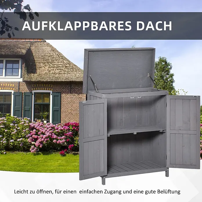 Outsunny Geräteschrank - Außenbreite inkl. Dachüberstand: 74 cm, Außentiefe inkl. Dachüberstand: 43 cm, Holz, Grau - Grauer Holz-Gartenschrank mit aufklappbarem Dach und geöffneten Türen, der Innenregale zum Verstauen zeigt.