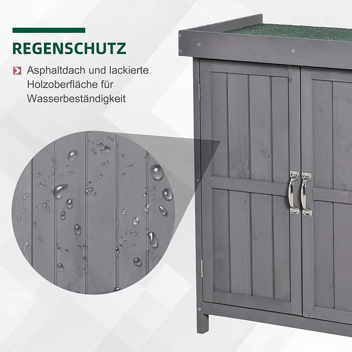 Outsunny Geräteschrank - Außenbreite inkl. Dachüberstand: 74 cm, Außentiefe inkl. Dachüberstand: 43 cm, Holz, Grau - Grauer Holzschrank für den Außenbereich mit grünem Asphaltdach und wasserabweisender Oberfläche.