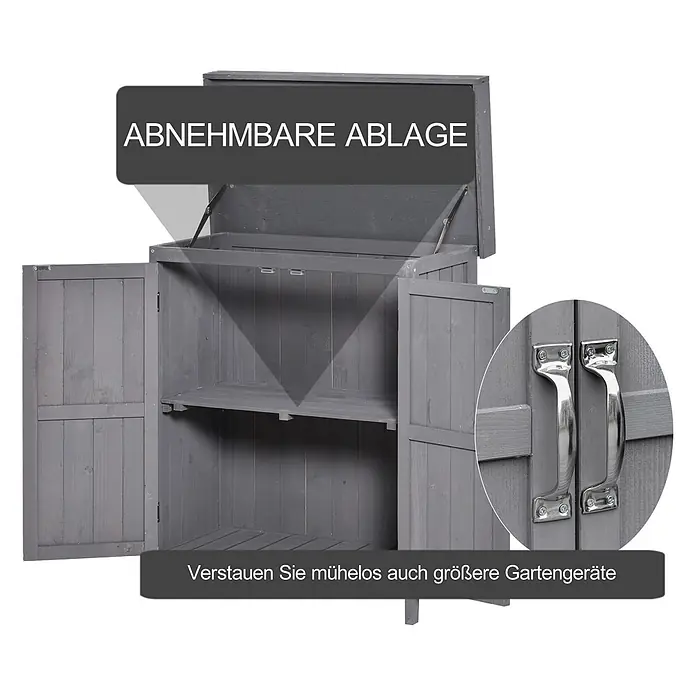 Outsunny Geräteschrank - Außenbreite inkl. Dachüberstand: 74 cm, Außentiefe inkl. Dachüberstand: 43 cm, Holz, Grau - Grauer Holz-Gartenschrank mit abnehmbarer Ablage und viel Platz für Gartengeräte.