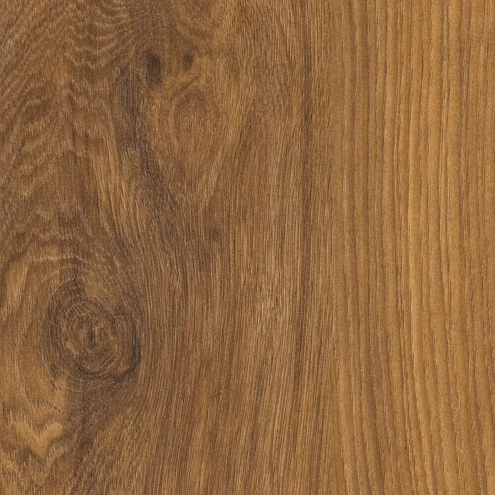 LOGOCLIC Laminatmuster Vinto Hickory Marsala - 296 x 195 x 1 mm, Landhausdiele - Nahaufnahme von detailreichem, braunem Holzfußboden mit markanten Maserungen und warmen Farbtönen.