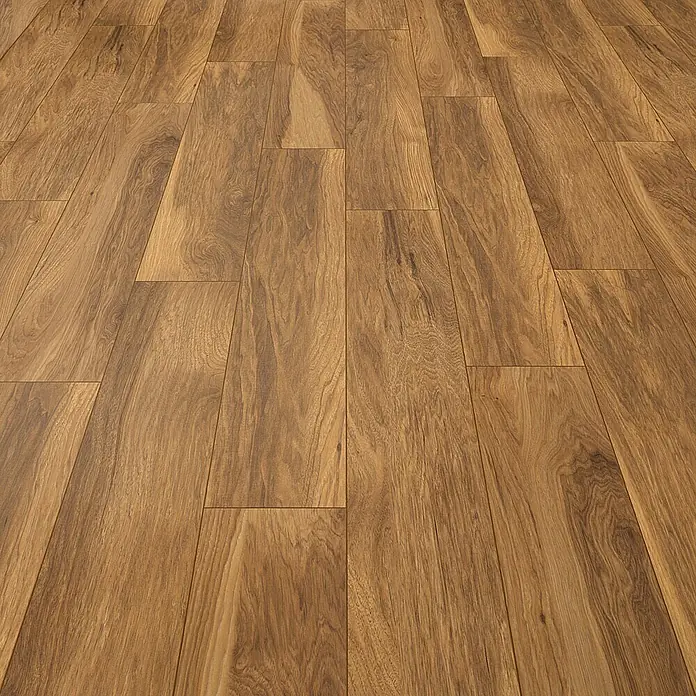 LOGOCLIC Laminatmuster Vinto Hickory Marsala - 296 x 195 x 1 mm, Landhausdiele - Nahaufnahme eines Laminatbodens mit warmen Holztönen und deutlicher Maserung, der eine natürliche und einladende Atmosphäre schafft.