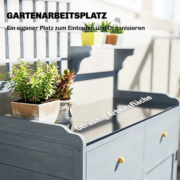 Outsunny Pflanztisch Hellgrau 104L x 44B x 140H cm -  - Hellergrauer Gartenarbeitsplatz aus Holz mit geräumiger schwarzer Arbeitsfläche und gelben Schubladenknöpfen, mit Topfpflanzen.