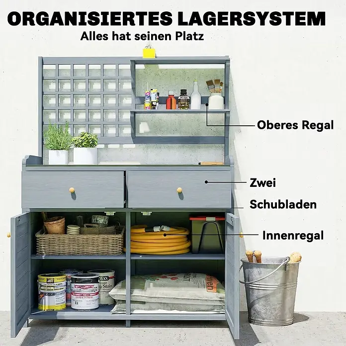 Outsunny Pflanztisch Hellgrau 104L x 44B x 140H cm -  - Grauer Holz-Gartenschrank mit Spalier, oberer Ablage, zwei Schubladen und Innenfächern, gefüllt mit Gartenzubehör.