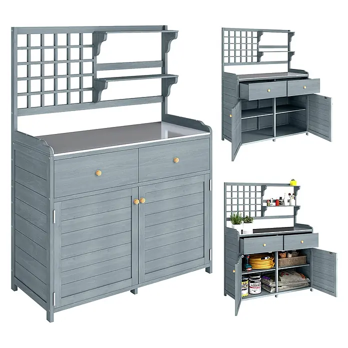 Outsunny Pflanztisch Hellgrau 104L x 44B x 140H cm -  - Graue Gartenwerkbank aus Holz mit Rankgitter, zwei Ablagen, Metallarbeitsplatte, zwei Schubladen und einem Doppeltürschrank mit Stauraum.