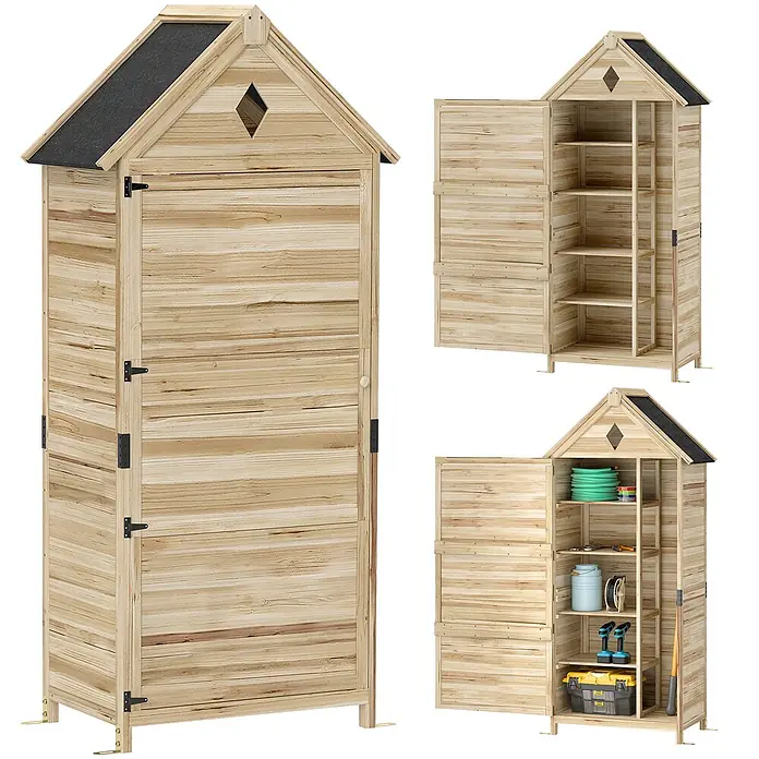 Outsunny Geräteschrank - Außenbreite inkl. Dachüberstand: 80 cm, Außentiefe inkl. Dachüberstand: 49 cm, Holz, Naturholz - Hoher hölzerner Gartenschrank mit schwarzem Dach und Regalböden, geschlossen und offen mit Werkzeugen.
