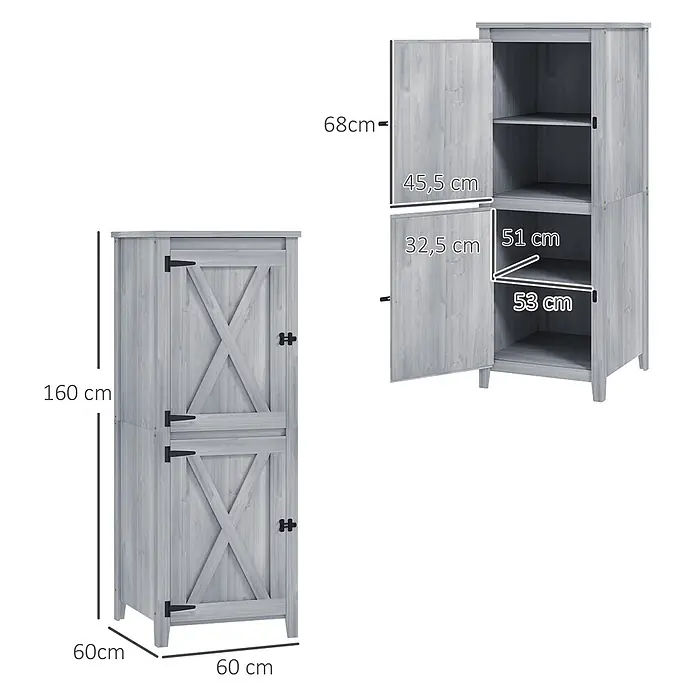 Outsunny Geräteschrank - Außenbreite inkl. Dachüberstand: 60 cm, Außentiefe inkl. Dachüberstand: 60 cm, Holz, Hellgrau - Grauer Holzschrank mit Scheunentor-Türen, Innenregalen und Maßen. Misst 160x60x60 cm.