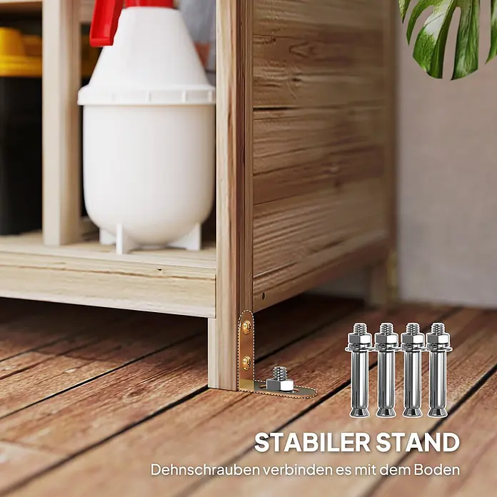 Outsunny Geräteschrank - Außenbreite inkl. Dachüberstand: 80 cm, Außentiefe inkl. Dachüberstand: 49 cm, Holz, Naturholz - Holzschrankbein mit Metallwinkel und Ankerbolzen für stabilen Stand am Boden befestigt.
