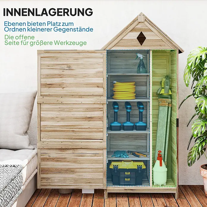Outsunny Geräteschrank - Außenbreite inkl. Dachüberstand: 80 cm, Außentiefe inkl. Dachüberstand: 49 cm, Holz, Naturholz - Hölzernes Innenlagerhaus mit Regalen für kleine und offenem Bereich für größere Werkzeuge zur Organisation.