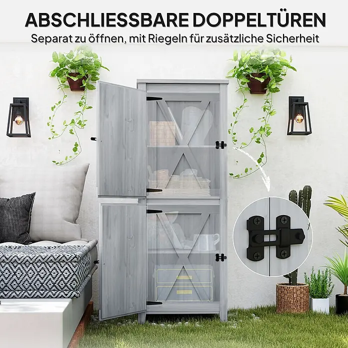 Outsunny Geräteschrank - Außenbreite inkl. Dachüberstand: 60 cm, Außentiefe inkl. Dachüberstand: 60 cm, Holz, Hellgrau - Hellgrauer Holzschrank mit abschließbaren Doppeltüren, im Freien gezeigt, mit hervorgehobenen Sicherheitsriegeln.