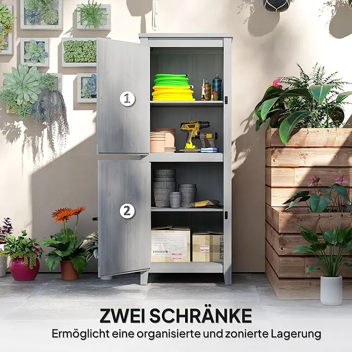 Outsunny Geräteschrank - Außenbreite inkl. Dachüberstand: 60 cm, Außentiefe inkl. Dachüberstand: 60 cm, Holz, Hellgrau - Hellgrauer zweitüriger Outdoor-Schrank mit Regalen, zur Organisation von Gartenwerkzeugen und Zubehör auf einer Terrasse.