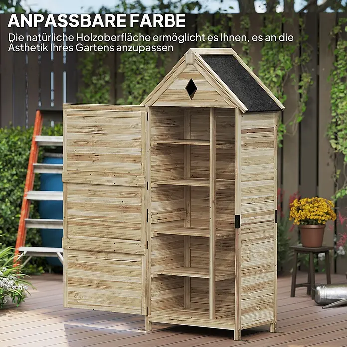 Outsunny Geräteschrank - Außenbreite inkl. Dachüberstand: 80 cm, Außentiefe inkl. Dachüberstand: 49 cm, Holz, Naturholz - Gartenschuppen aus Naturholz mit geöffneten Türen, der Regale im Inneren zeigt, auf einer Terrasse im Garten stehend.