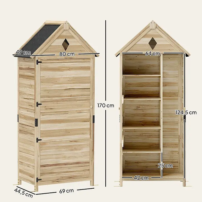 Outsunny Geräteschrank - Außenbreite inkl. Dachüberstand: 80 cm, Außentiefe inkl. Dachüberstand: 49 cm, Holz, Naturholz - Hellbrauner Holz-Gartenschrank mit Spitzdach, geschlossen und offen mit Regalen gezeigt. Maße 170cm H, 80cm B, 49cm T.
