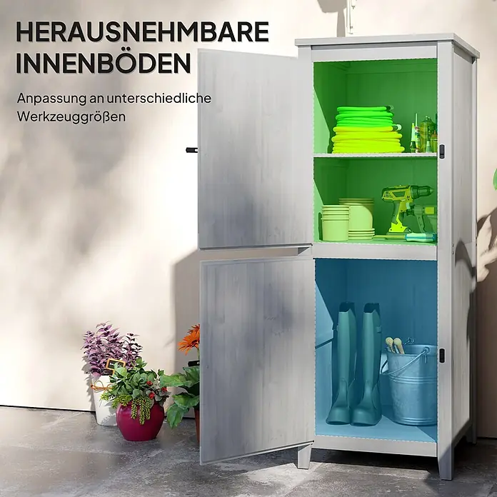 Outsunny Geräteschrank - Außenbreite inkl. Dachüberstand: 60 cm, Außentiefe inkl. Dachüberstand: 60 cm, Holz, Hellgrau - Grauer Holz-Gartenschrank mit offenen Türen. Herausnehmbare Böden ermöglichen flexible Aufbewahrung für verschiedene Werkzeuge und Geräte.