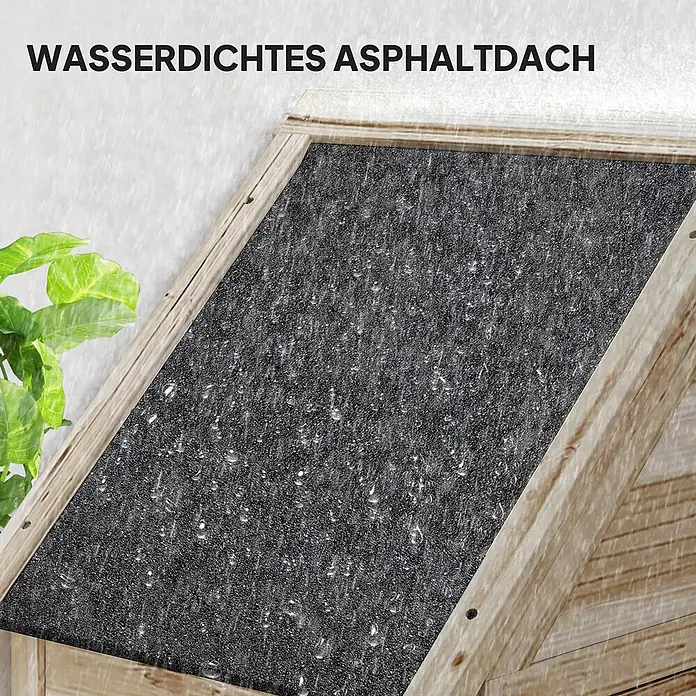 Outsunny Geräteschrank - Außenbreite inkl. Dachüberstand: 80 cm, Außentiefe inkl. Dachüberstand: 49 cm, Holz, Naturholz - Wasserdichtes dunkelgraues Asphaltdach mit hellem Holzrahmen, bedeckt mit Regentropfen.