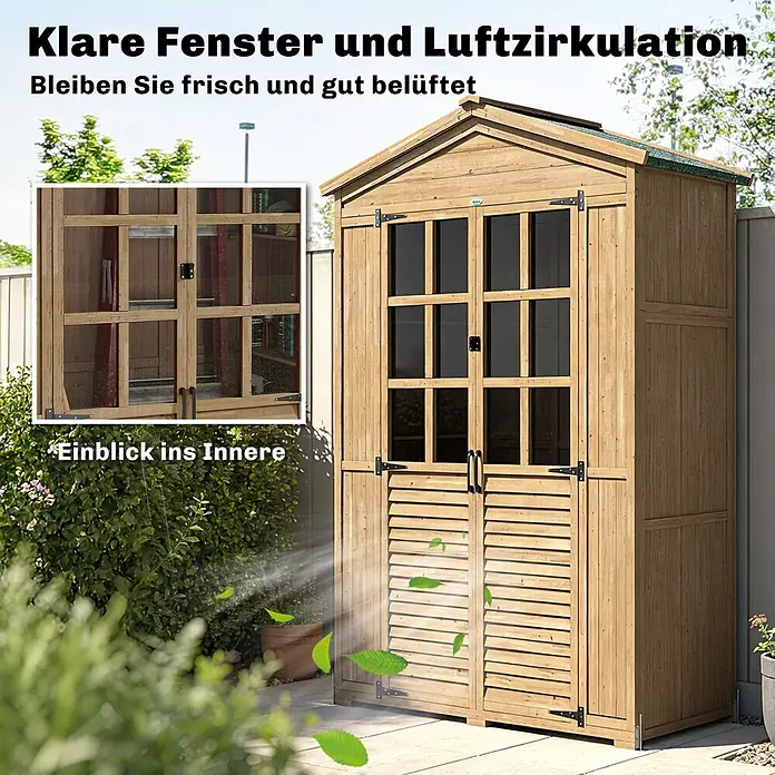 Outsunny Geräteschrank - Außenbreite inkl. Dachüberstand: 128 cm, Außentiefe inkl. Dachüberstand: 57,5 cm, Holz, Braun - Holz-Gartenschrank mit klaren Fenstern und belüfteten Türen, in einer Gartenszene mit Innenansicht.