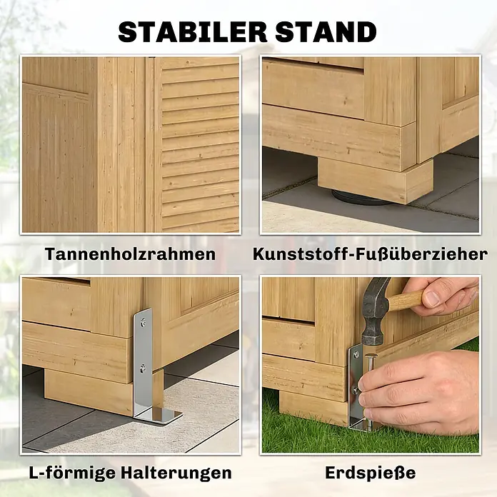 Outsunny Geräteschrank - Außenbreite inkl. Dachüberstand: 128 cm, Außentiefe inkl. Dachüberstand: 57,5 cm, Holz, Braun - Holzprodukt mit Tannenholzrahmen, Kunststoff-Fußüberziehern, L-förmigen Halterungen und Erdspießen für stabilen Stand auf verschiedenen Untergründen.