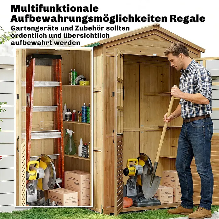 Outsunny Geräteschrank - Außenbreite inkl. Dachüberstand: 128 cm, Außentiefe inkl. Dachüberstand: 57,5 cm, Holz, Braun - Ein Gartenschuppen aus Naturholz mit Regalen, der von einem Mann zum ordentlichen Verstauen von Gartengeräten genutzt wird.