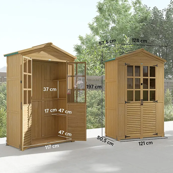 Outsunny Geräteschrank - Außenbreite inkl. Dachüberstand: 128 cm, Außentiefe inkl. Dachüberstand: 57,5 cm, Holz, Braun - Zwei offene und geschlossene Holzgartenschuppen mit Regalen und Maßen, in Gartenumgebung.