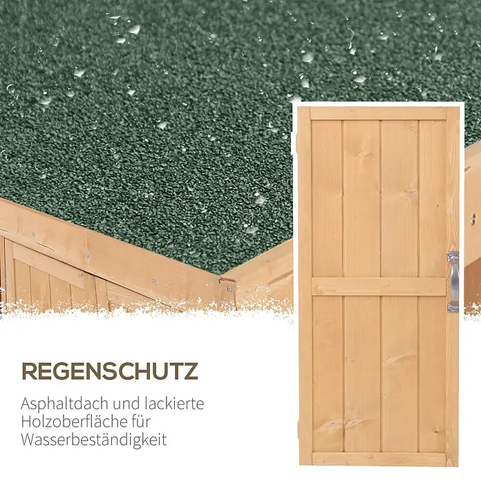 Outsunny Geräteschrank - Außenbreite inkl. Dachüberstand: 74 cm, Außentiefe inkl. Dachüberstand: 43 cm, Holz, Natur - Holzstruktur mit grünem Asphaltdach, das Wasserdichtigkeit mit sichtbaren Wassertropfen demonstriert.