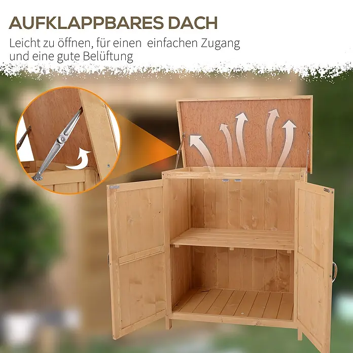 Outsunny Geräteschrank - Außenbreite inkl. Dachüberstand: 74 cm, Außentiefe inkl. Dachüberstand: 43 cm, Holz, Natur - Heller Holzschrank mit aufklappbarem Dach für Belüftung und zwei geöffneten Türen mit Regalböden.