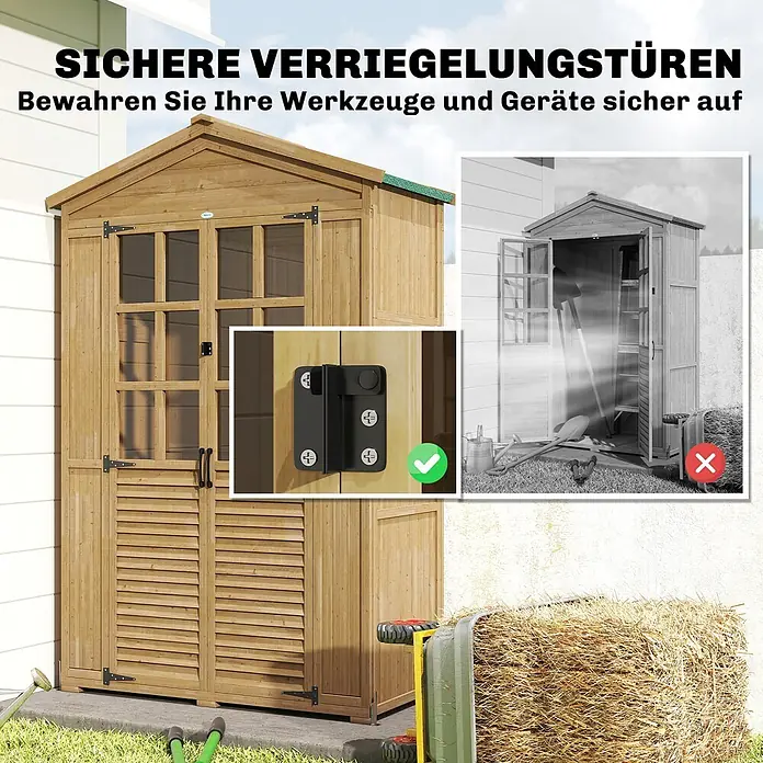 Outsunny Geräteschrank - Außenbreite inkl. Dachüberstand: 128 cm, Außentiefe inkl. Dachüberstand: 57,5 cm, Holz, Braun - Hölzerner Gartenschuppen mit sicheren Verriegelungstüren, inklusive Detailansicht des Riegels, zur sicheren Aufbewahrung von Werkzeugen und Geräten.