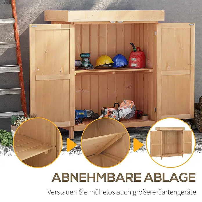 Outsunny Geräteschrank - Außenbreite inkl. Dachüberstand: 74 cm, Außentiefe inkl. Dachüberstand: 43 cm, Holz, Natur - Gartenschrank aus hellem Holz mit zwei Türen, herausnehmbarem Regal und Stauraum für Gartengeräte.