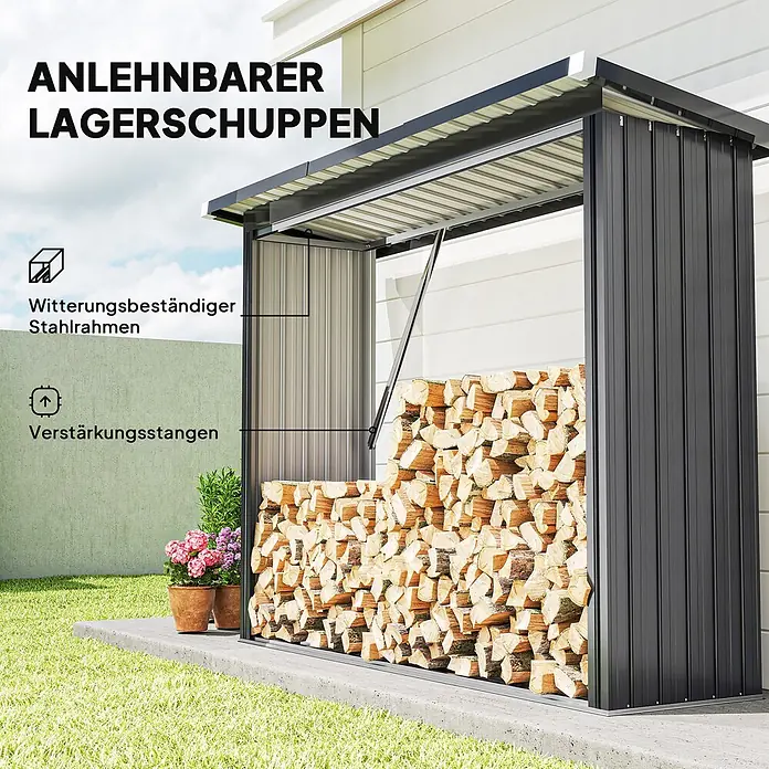 Outsunny Geräteschrank - Außenbreite inkl. Dachüberstand: 213 cm, Außentiefe inkl. Dachüberstand: 66,5 cm, Stahl, Dunkelgrau - Dunkelgrauer Anlehn-Lagerschuppen aus witterungsbeständigem Stahlrahmen, gefüllt mit Brennholz, außen am Haus.