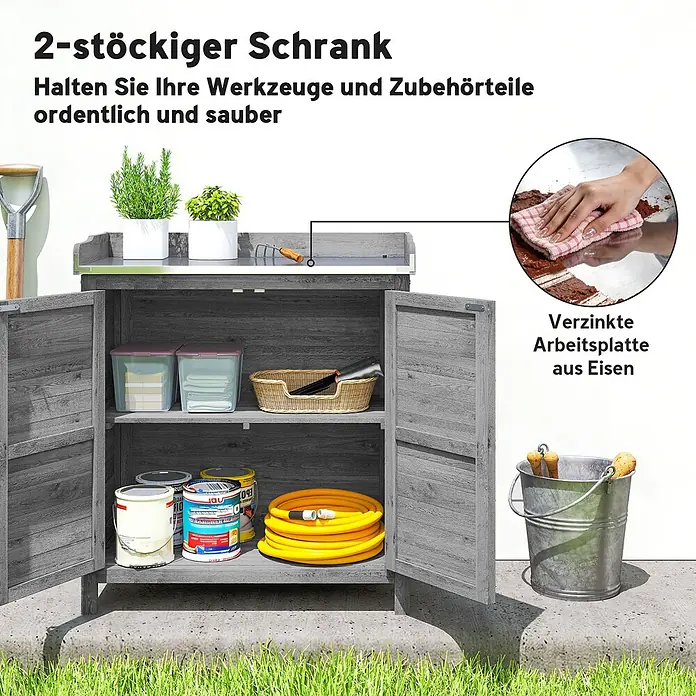 Outsunny Geräteschrank - Außenbreite inkl. Dachüberstand: 83 cm, Außentiefe inkl. Dachüberstand: 40 cm, Holz, Grau - Grauer 2-stöckiger Gartenschrank mit verzinkter Eisen-Arbeitsplatte, zur Aufbewahrung von Werkzeugen und Pflanzen.