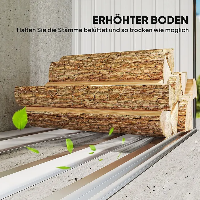 Outsunny Geräteschrank - Außenbreite inkl. Dachüberstand: 213 cm, Außentiefe inkl. Dachüberstand: 66,5 cm, Stahl, Dunkelgrau - Silbernes Metall-Holzregal, das Holzstämme für optimale Belüftung und Trockenheit erhöht.