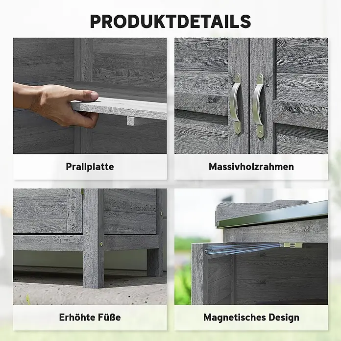 Outsunny Geräteschrank - Außenbreite inkl. Dachüberstand: 83 cm, Außentiefe inkl. Dachüberstand: 40 cm, Holz, Grau - Details eines grauen, holzstrukturierten Outdoor-Schranks: verstellbare Böden, Massivholzrahmen, erhöhte Füße, Magnetverschluss.