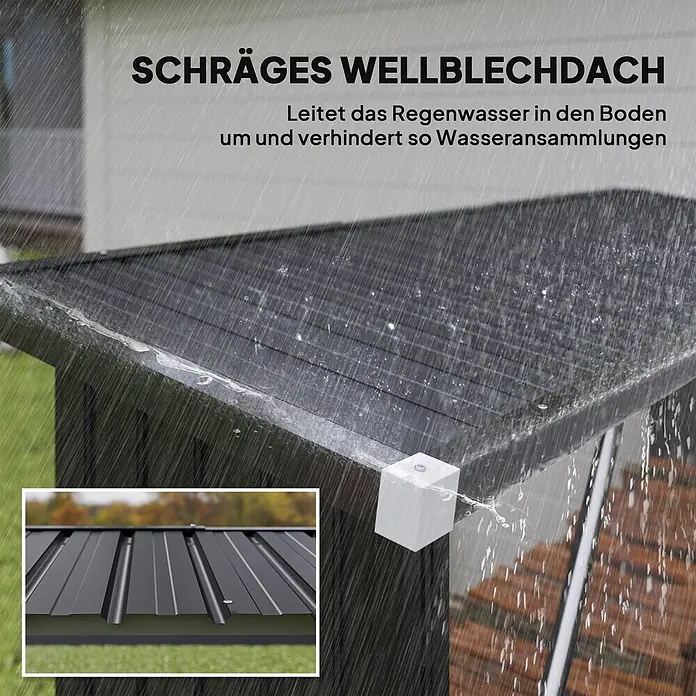 Outsunny Geräteschrank - Außenbreite inkl. Dachüberstand: 213 cm, Außentiefe inkl. Dachüberstand: 66,5 cm, Stahl, Dunkelgrau - Schräges, dunkles Wellblechdach, das Regenwasser ableitet und Stauungen verhindert.
