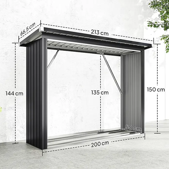 Outsunny Geräteschrank - Außenbreite inkl. Dachüberstand: 213 cm, Außentiefe inkl. Dachüberstand: 66,5 cm, Stahl, Dunkelgrau - Schwarzer und silberner Metall-Brennholzunterstand mit offener Vorderseite. Abmessungen sind angegeben.