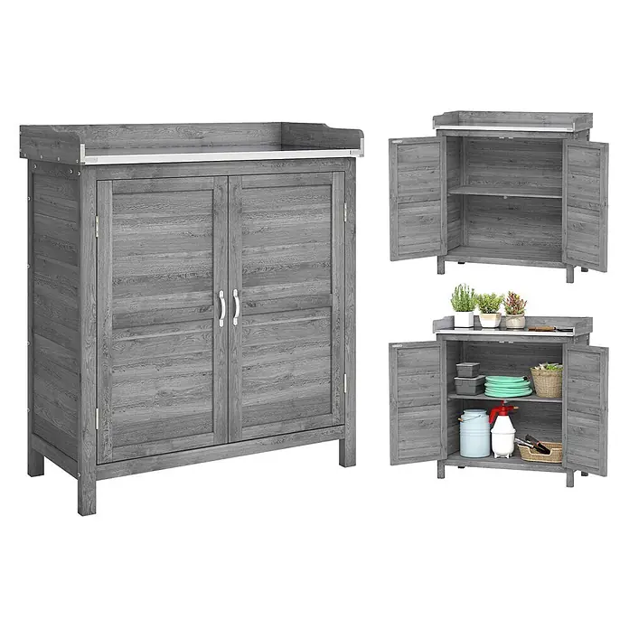 Outsunny Geräteschrank - Außenbreite inkl. Dachüberstand: 83 cm, Außentiefe inkl. Dachüberstand: 40 cm, Holz, Grau - Grauer Holz-Gartenschrank mit zwei Türen und Arbeitsplatte, innen mit Regalböden zur Organisation.