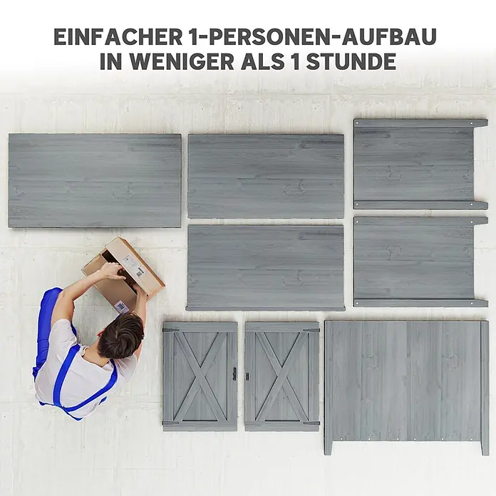Outsunny Geräteschrank - Außenbreite inkl. Dachüberstand: 110 cm, Außentiefe inkl. Dachüberstand: 60 cm, Holz, Hellgrau - Zerlegte graue Holzmöbelteile bereit für den einfachen 1-Personen-Aufbau in unter einer Stunde; eine Person packt Komponenten aus.