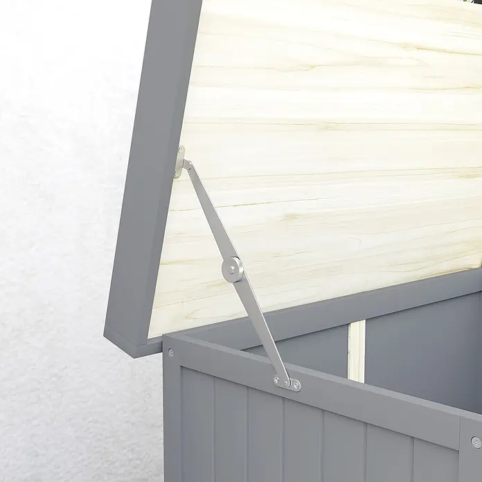 Outsunny Geräteschrank Grau, 74cm x 43cm x 88cm - Außenbreite inkl. Dachüberstand: 74 cm, Außentiefe inkl. Dachüberstand: 43 cm, Holz, Grau - Graue Holzaufbewahrungsbank mit offenem hellem Holzdeckel, der das Innere und eine Gasfeder zeigt.