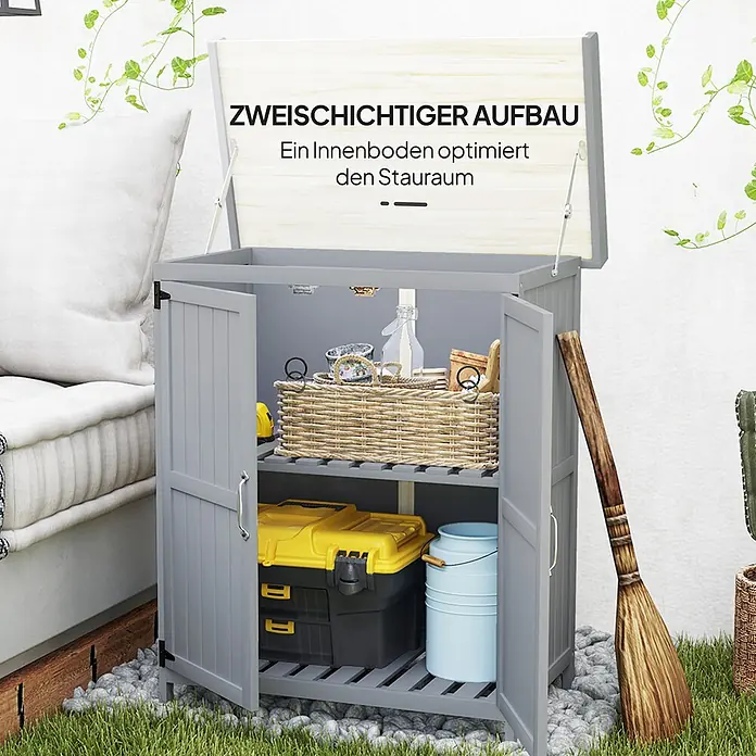 Outsunny Geräteschrank Grau, 74cm x 43cm x 88cm - Außenbreite inkl. Dachüberstand: 74 cm, Außentiefe inkl. Dachüberstand: 43 cm, Holz, Grau - Graues Outdoor-Stauraummöbel mit zweistufigem Design und Klappdeckel, das optimierten Stauraum mit offenen Türen zeigt.