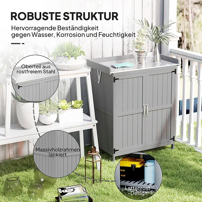 Outsunny Geräteschrank Grau, 74cm x 43cm x 88cm - Außenbreite inkl. Dachüberstand: 74 cm, Außentiefe inkl. Dachüberstand: 43 cm, Holz, Grau - Grauer Outdoor-Aufbewahrungsschrank mit Edelstahlplatte, lackiertem Massivholzrahmen und Lattenregal im Inneren. Robust und wetterfest.