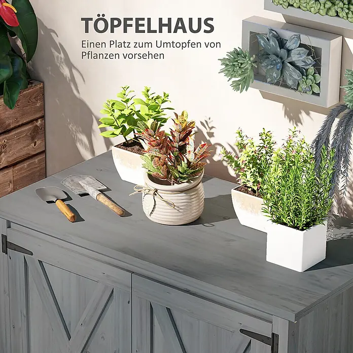 Outsunny Geräteschrank - Außenbreite inkl. Dachüberstand: 110 cm, Außentiefe inkl. Dachüberstand: 60 cm, Holz, Hellgrau - Grauer Holzarbeitsplatz zum Umtopfen, ein Bereich für Pflanzenpflege und Gartenarbeiten.