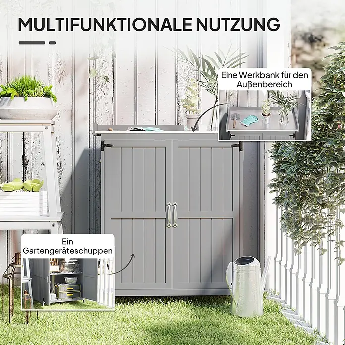 Outsunny Geräteschrank Grau, 74cm x 43cm x 88cm - Außenbreite inkl. Dachüberstand: 74 cm, Außentiefe inkl. Dachüberstand: 43 cm, Holz, Grau - Grauer Outdoor-Schrank dient als Werkbank und Gartengeräteschuppen im Garten.
