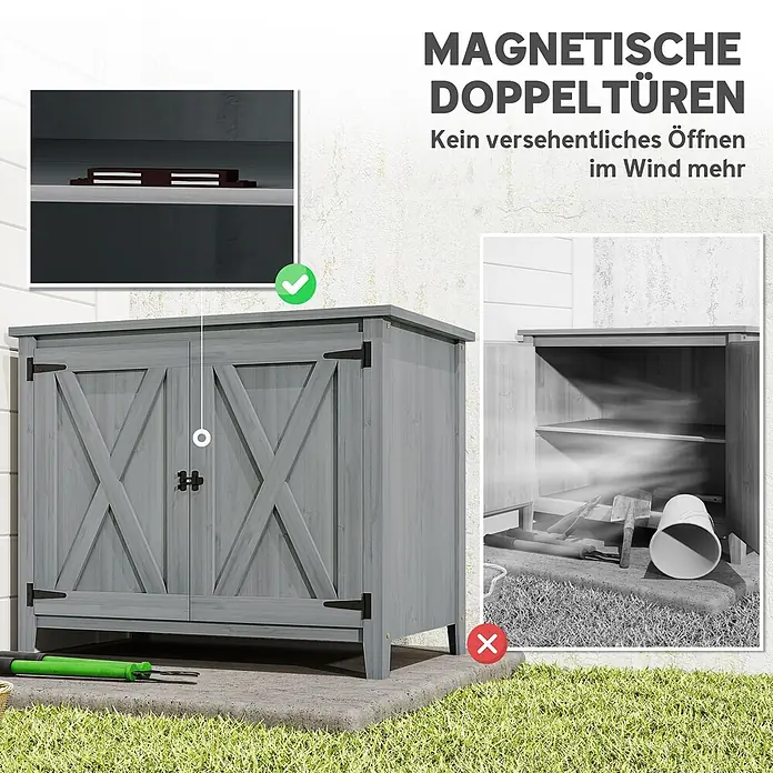 Outsunny Geräteschrank - Außenbreite inkl. Dachüberstand: 110 cm, Außentiefe inkl. Dachüberstand: 60 cm, Holz, Hellgrau - Grauer Holzschrank mit magnetischen Doppeltüren, um ein Öffnen durch Wind zu verhindern.