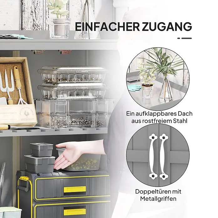 Outsunny Geräteschrank Grau, 74cm x 43cm x 88cm - Außenbreite inkl. Dachüberstand: 74 cm, Außentiefe inkl. Dachüberstand: 43 cm, Holz, Grau - Grau-gelbe Aufbewahrungseinheit mit leicht zugänglichen Fächern. Mit Edelstahldach und Doppeltüren mit weißen Metallgriffen.