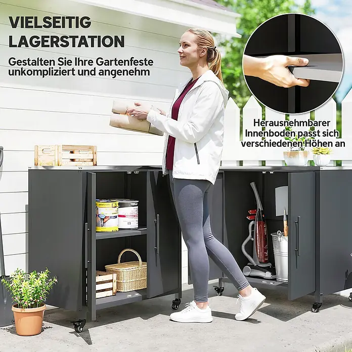 Outsunny Geräteschrank - Außenbreite inkl. Dachüberstand: 80 cm, Außentiefe inkl. Dachüberstand: 50 cm, Metall, Schwarz - Mobiler, dunkelgrauer Garten-Aufbewahrungsschrank mit verstellbaren Einlegeböden, in Gartenumgebung mit einer Frau.