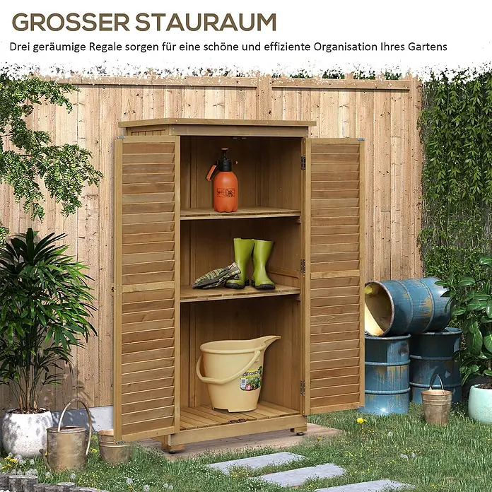 Outsunny Geräteschrank - Außenbreite inkl. Dachüberstand: 87 cm, Außentiefe inkl. Dachüberstand: 46,5 cm, Holz, Naturholz - Holz-Gartenschrank mit drei Regalen für Werkzeuge und Gartenutensilien.