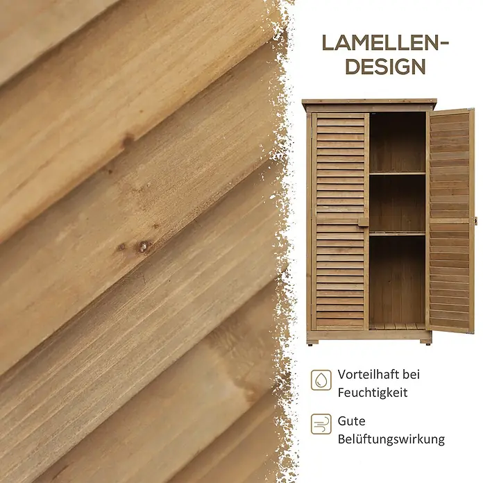 Outsunny Geräteschrank - Außenbreite inkl. Dachüberstand: 87 cm, Außentiefe inkl. Dachüberstand: 46,5 cm, Holz, Naturholz - Naturholz-Lamellenschrank mit zwei Türen, eine offen mit Regalen. Bietet gute Belüftung, vorteilhaft bei Feuchtigkeit.