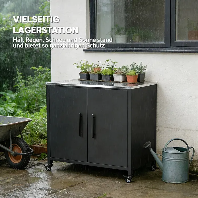 Outsunny Geräteschrank - Außenbreite inkl. Dachüberstand: 80 cm, Außentiefe inkl. Dachüberstand: 50 cm, Metall, Schwarz - Schwarzer Outdoor-Lagerschrank mit Edelstahlplatte und Rollen, darauf Topfpflanzen. Er steht draußen im Regen, was seine Wetterbeständigkeit zeigt.